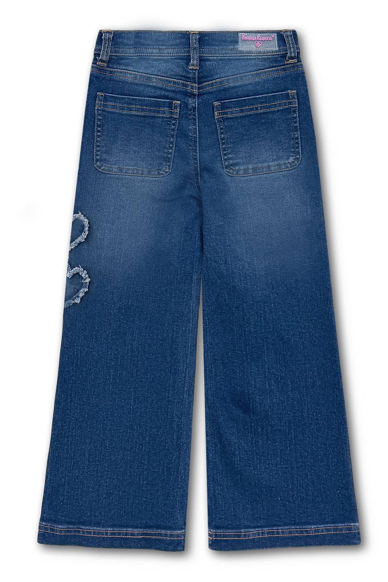 Girl's Wide Leg Denim Jean w/ Heart Appliques