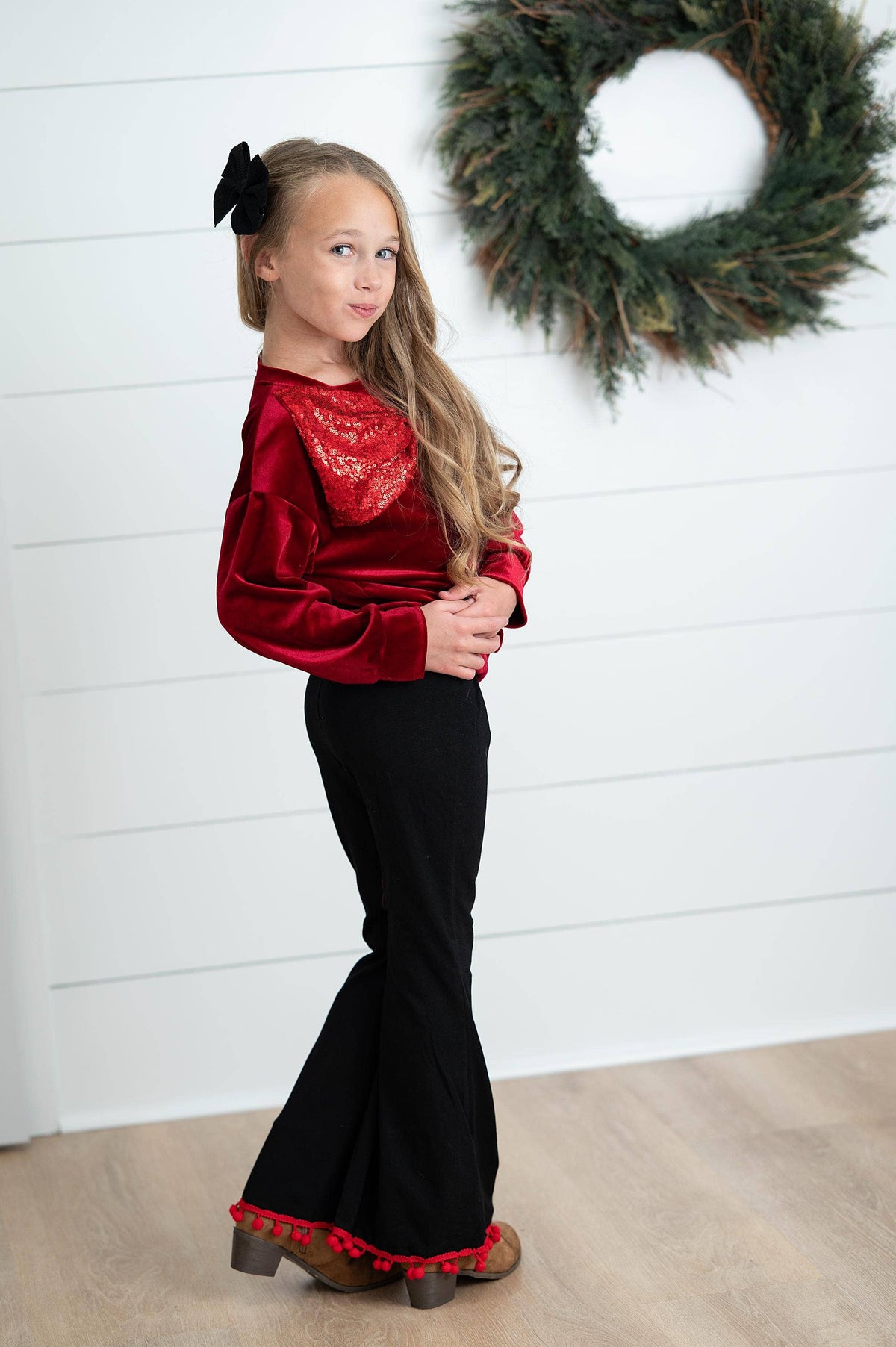 Girls Sparkling Red Holiday Christmas Bow Santa Pant Set