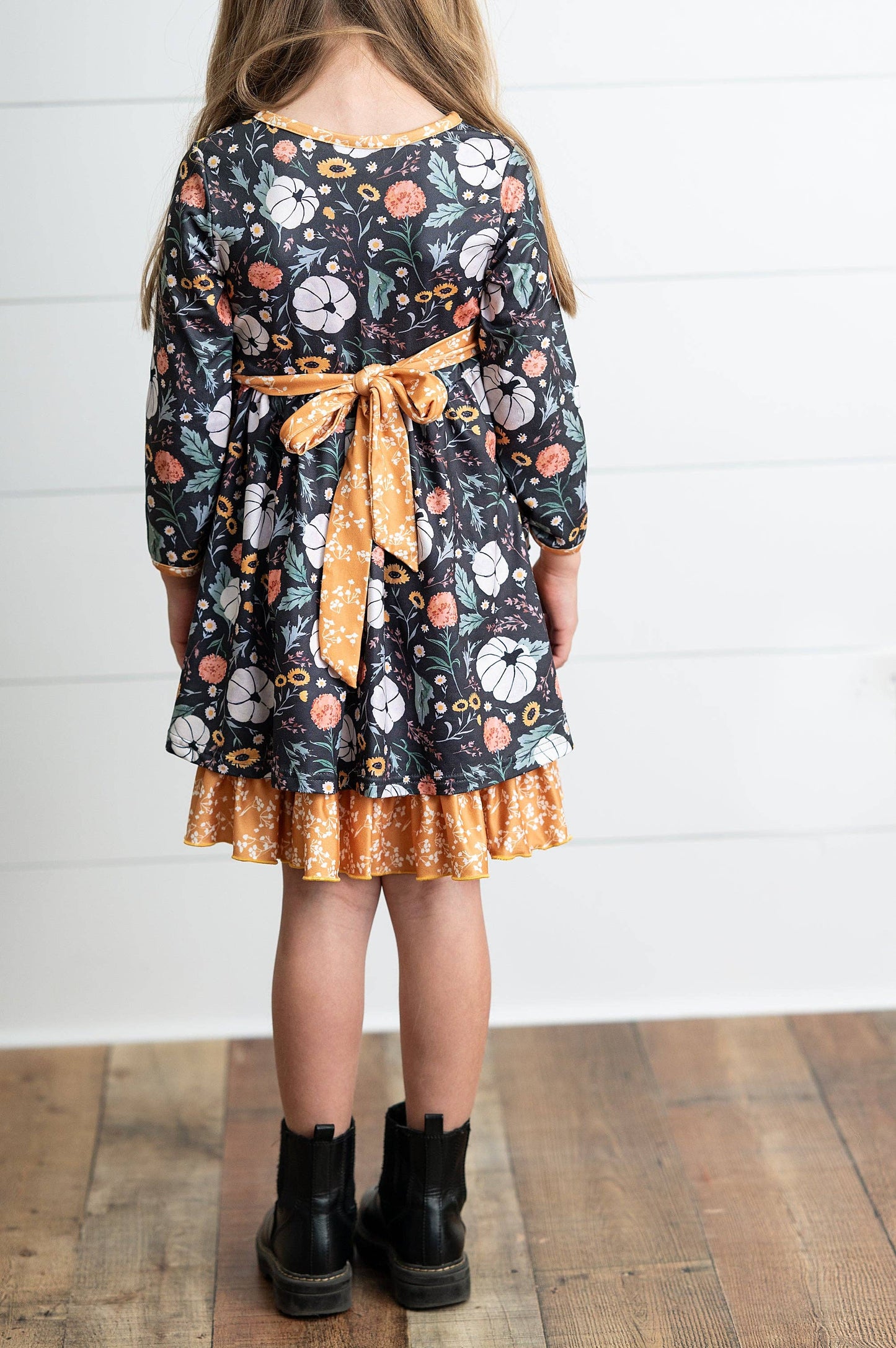 Girls Mustard Pumpkin Ruffle Pocket Button Tie Fall Dress