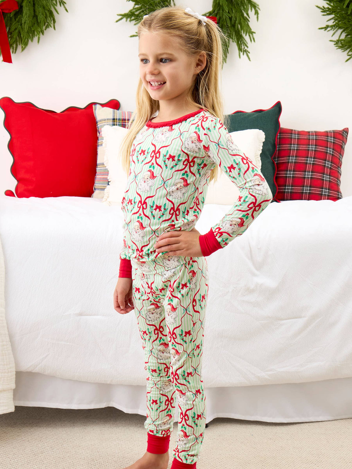 SoftSnooze™ Girls Bamboo Viscose Dear Santa Green Stripe Christmas Ruffle Long Sleeve Pajama Set