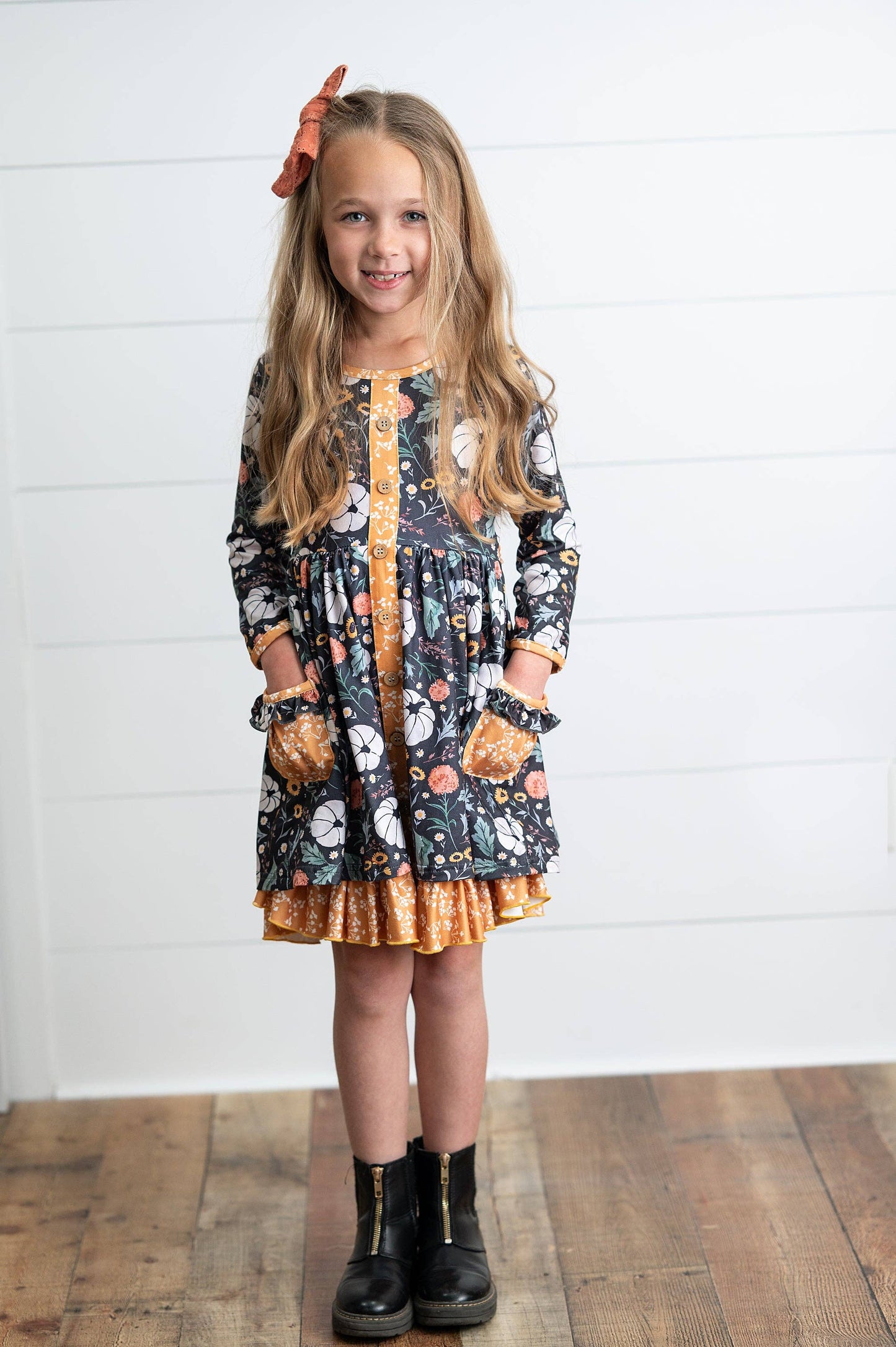 Girls Mustard Pumpkin Ruffle Pocket Button Tie Fall Dress