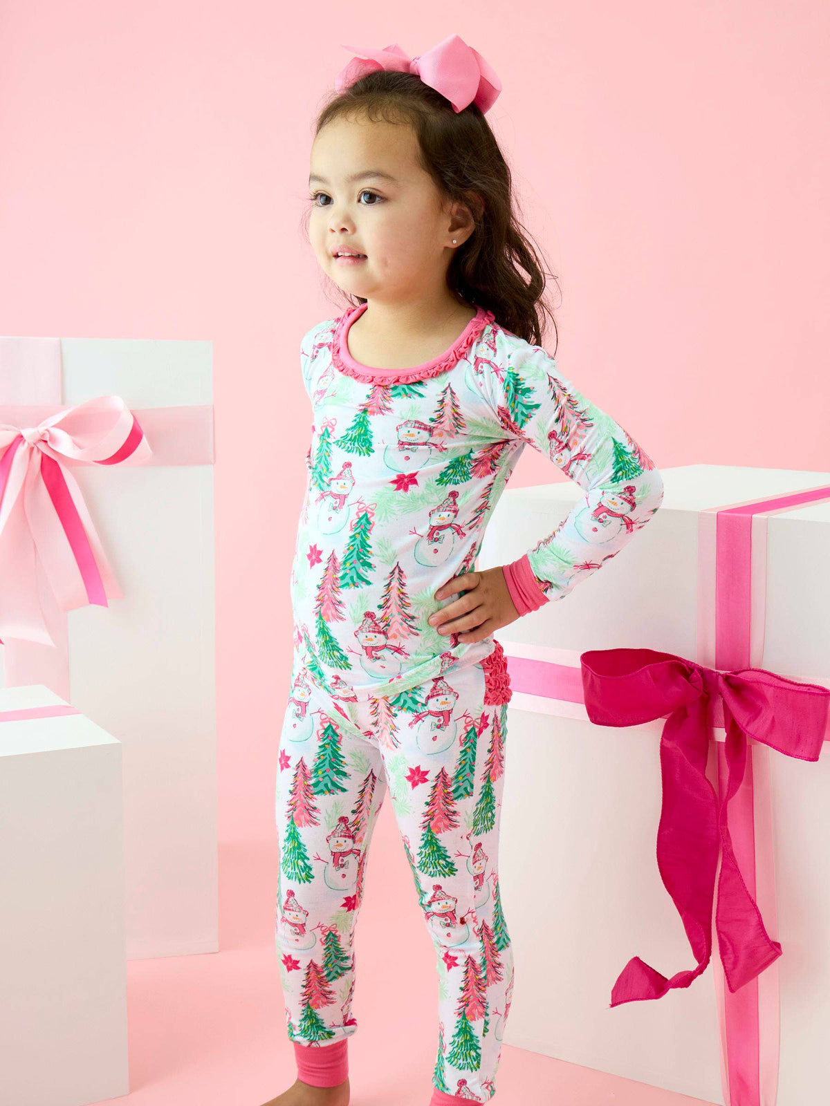 SoftSnooze™ Toddler Girls Bamboo Viscose Pink Snowman Grove Ruffle Long Sleeve Pajama Set with Signature Rear Ruffles