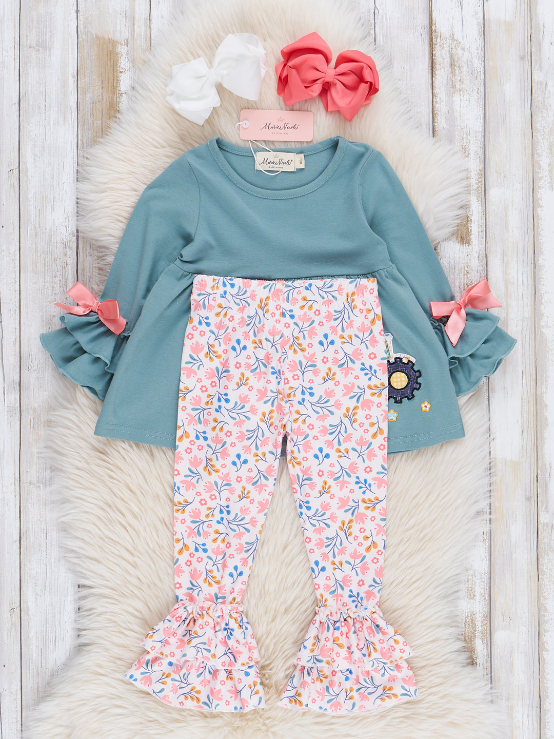 Soft Teal Floral Embroidered Tractor Outfit