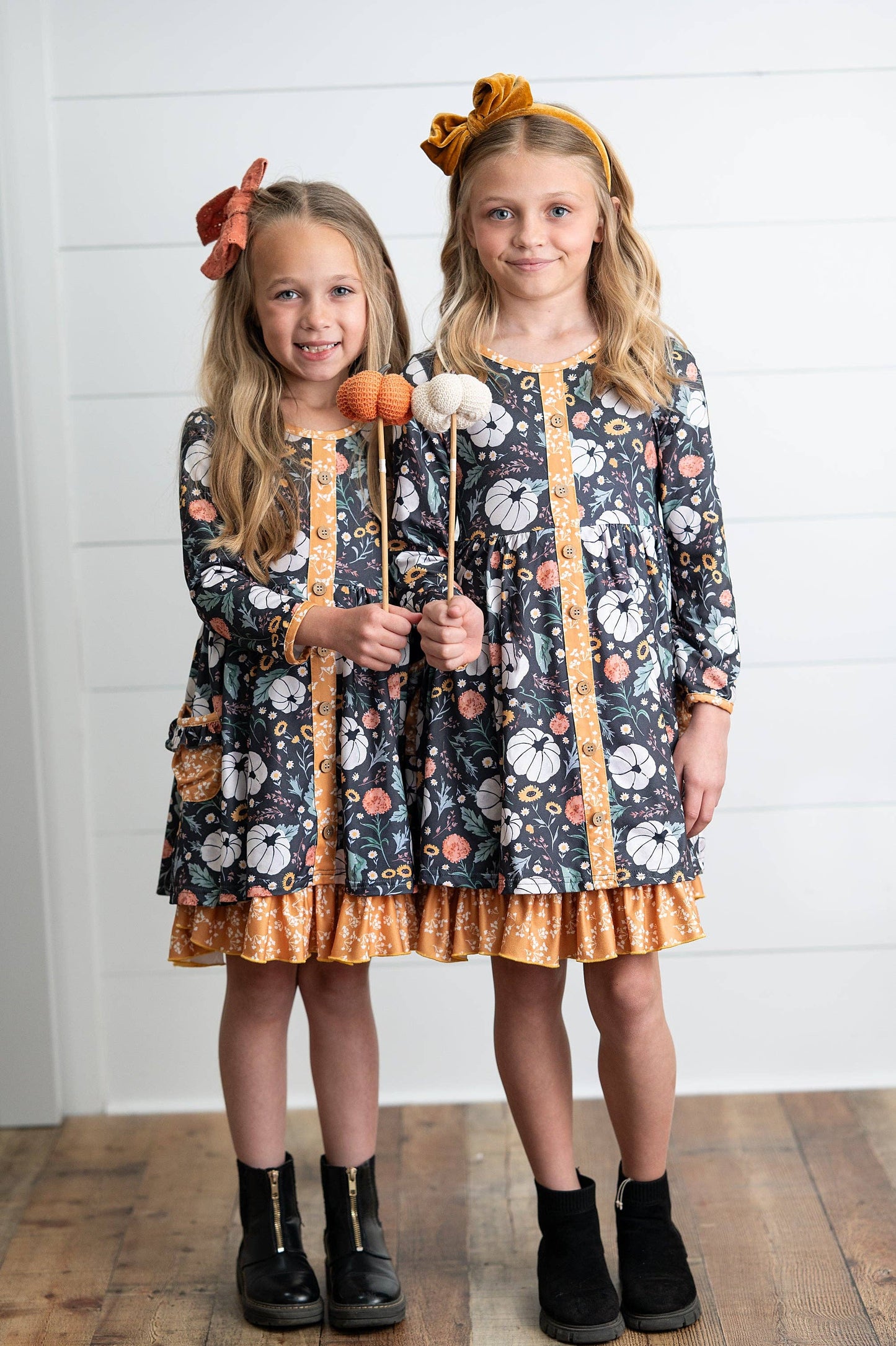 Girls Mustard Pumpkin Ruffle Pocket Button Tie Fall Dress