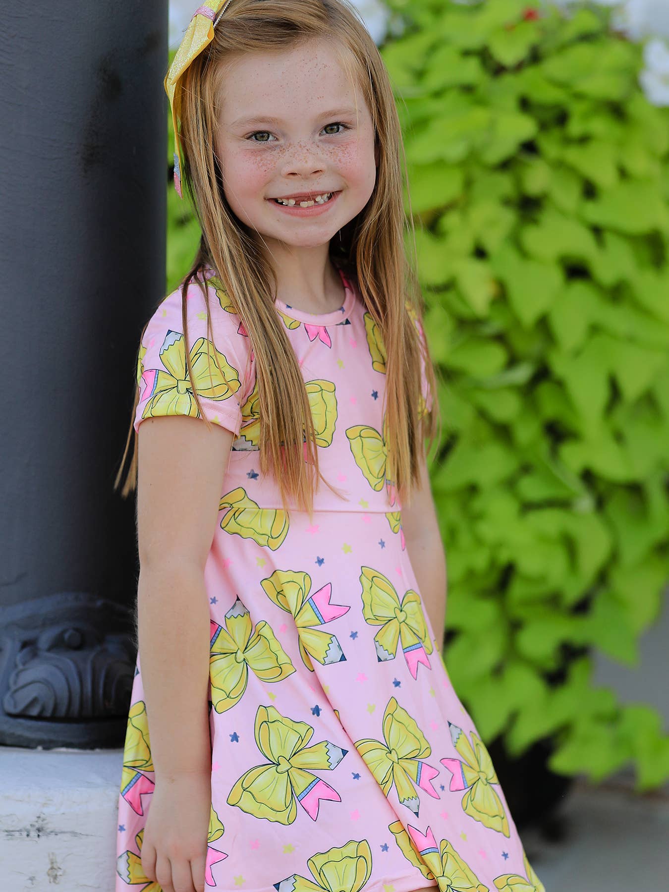 Back to School Yellow Bow Print Girls Dress
