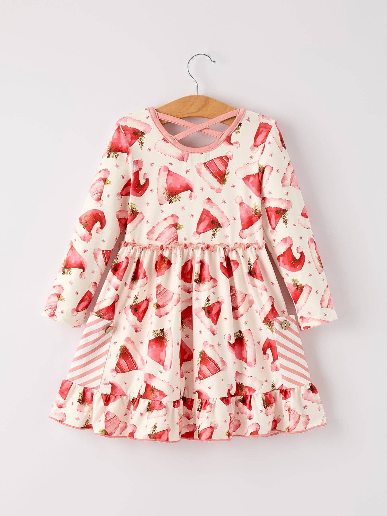 Winter Christmas Santa Hat Print Girls Pocket Ruffle Dress