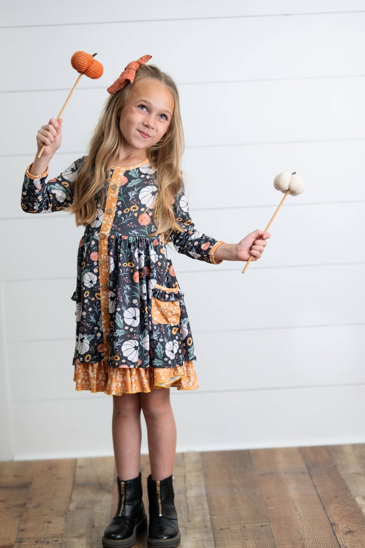 Girls Mustard Pumpkin Ruffle Pocket Button Tie Fall Dress