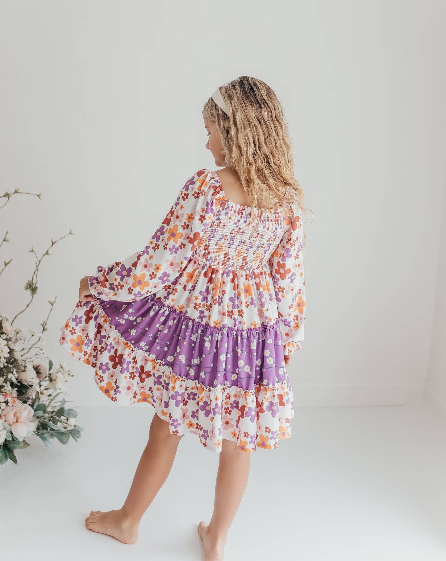 Girls Grace Lavender Flower 3 Tiered Smocked Fall Dress