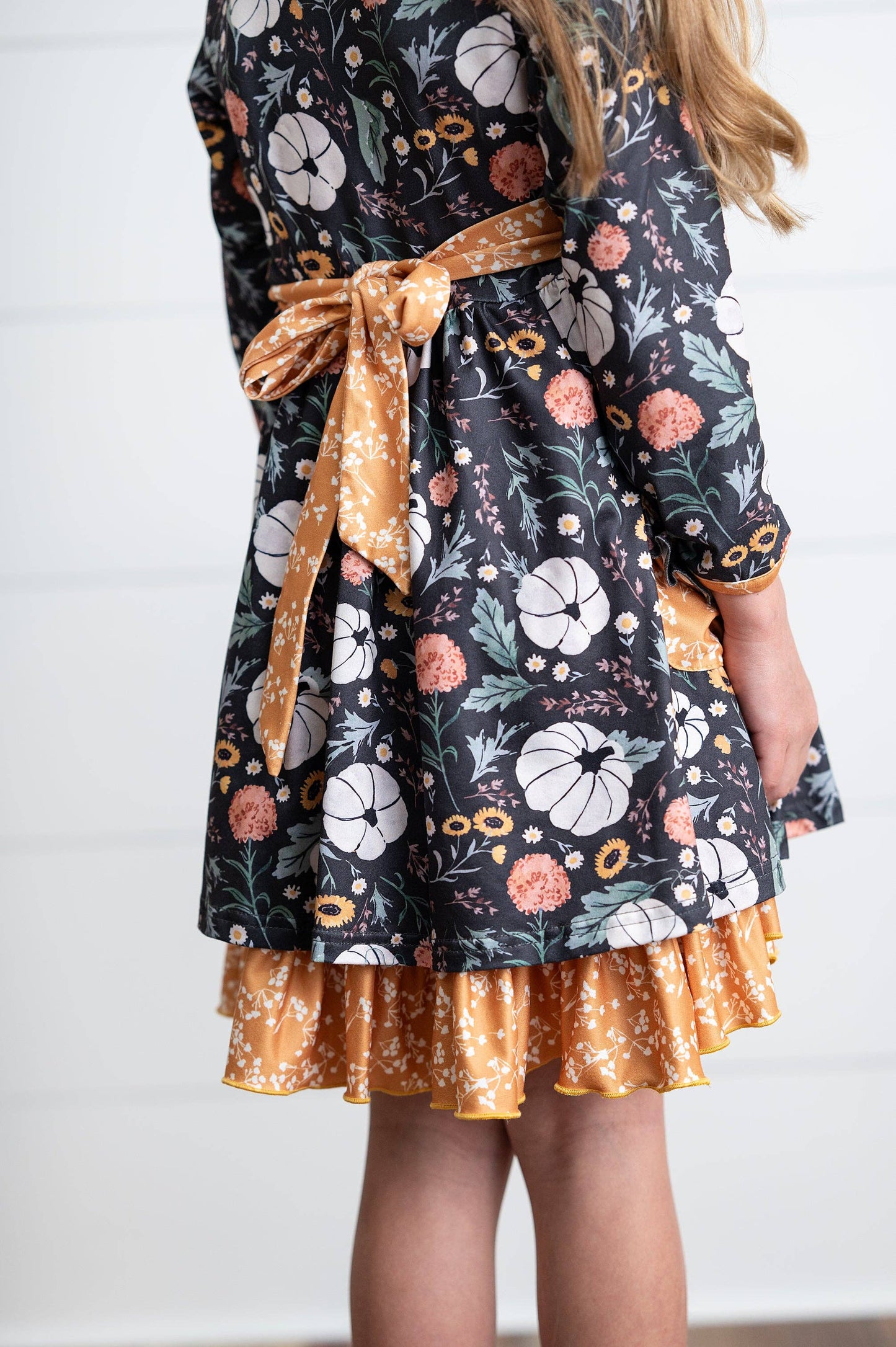 Girls Mustard Pumpkin Ruffle Pocket Button Tie Fall Dress