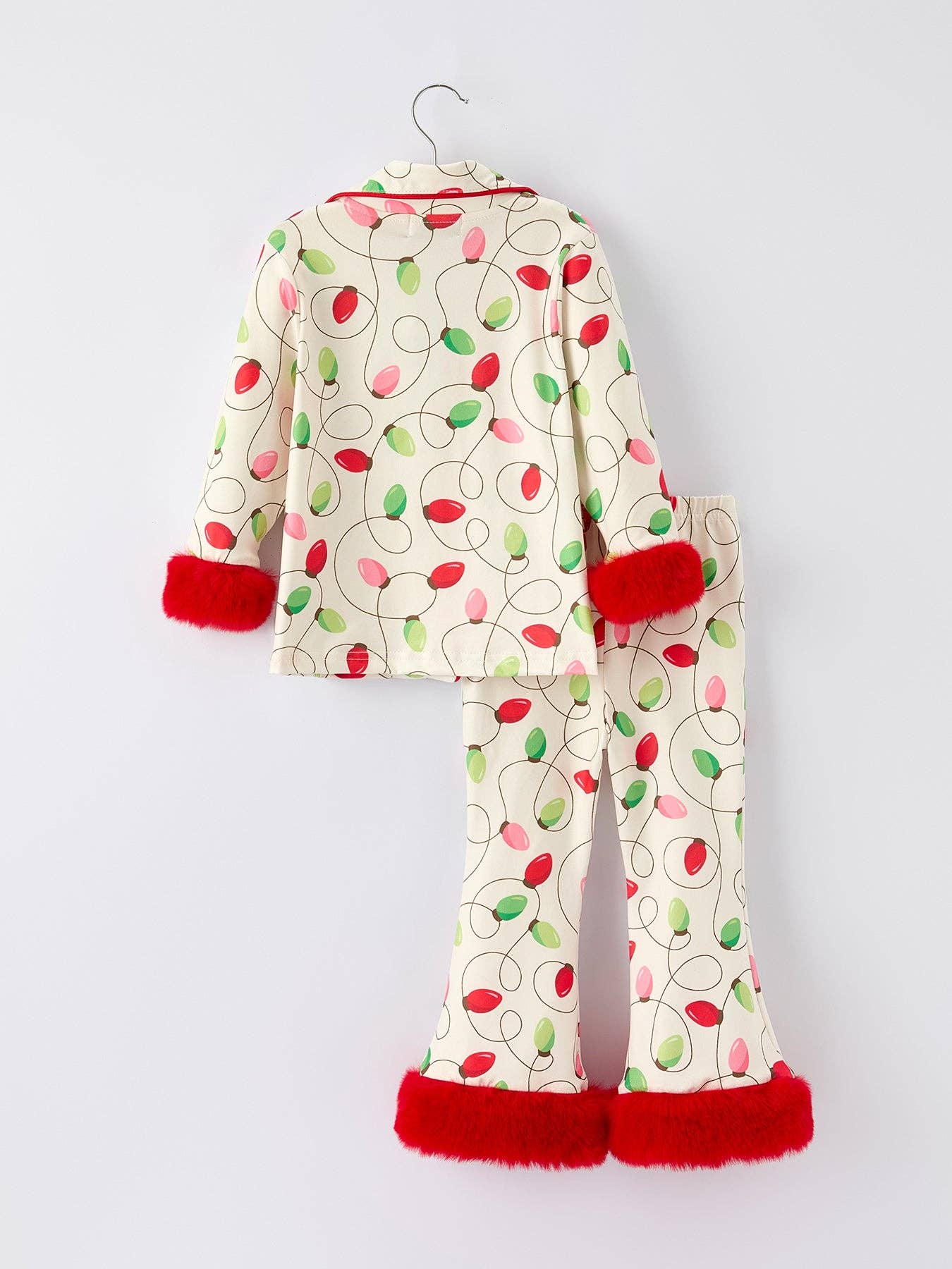 Christmas Lights Print Pajamas Set with Red Furry Trim Long Sleeve Top and Pants