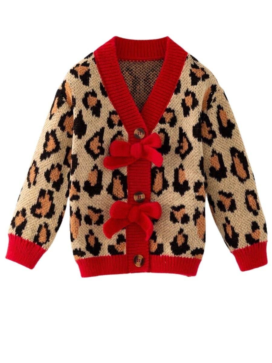 Girls Leopard Print Bow Cardigan Sweater | Red Christmas Cardigan