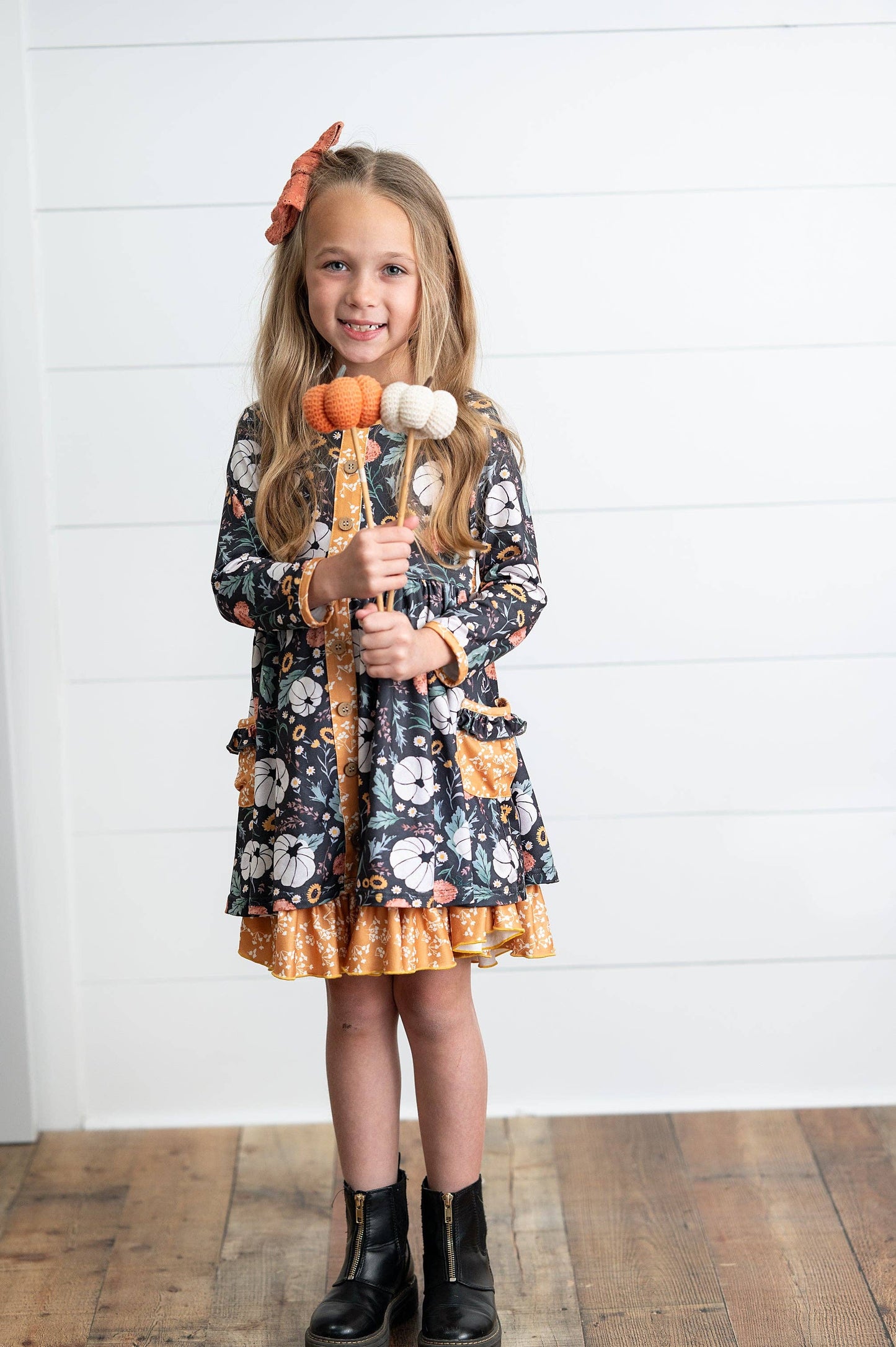 Girls Mustard Pumpkin Ruffle Pocket Button Tie Fall Dress