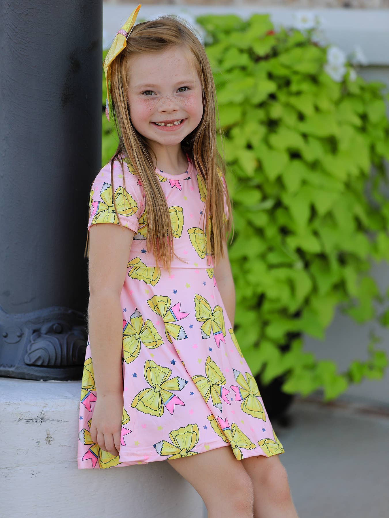 Back to School Yellow Bow Print Girls Dress