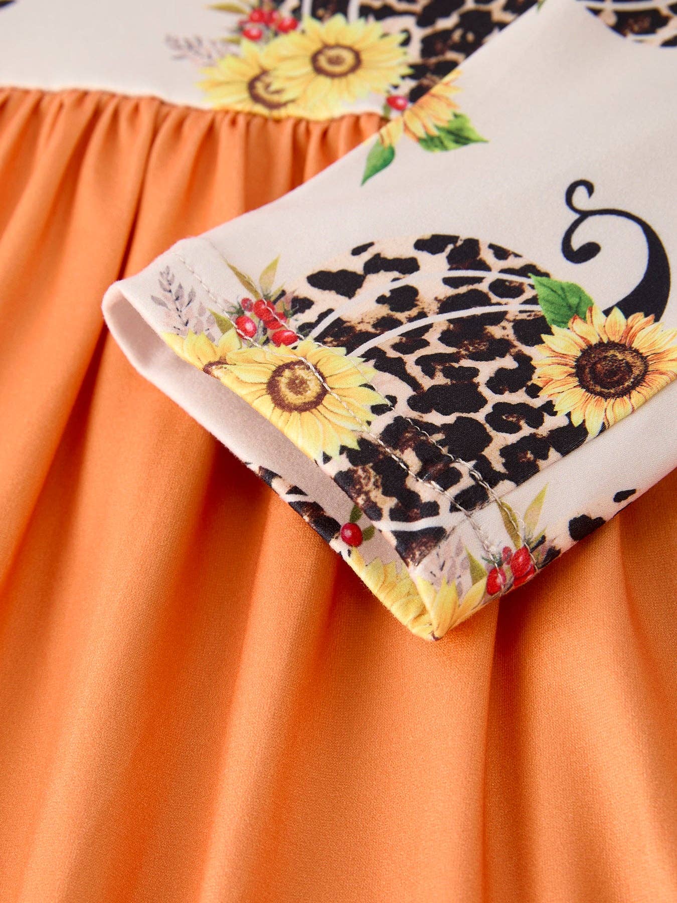 Pumpkin Leopard Floral Print Girls Dress