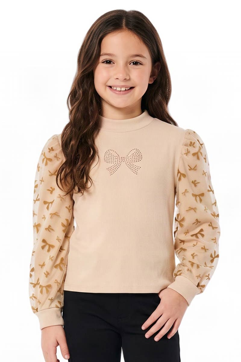 GKT-3514B Girls Long Sleeve Bow Print Top W/ Bow Rhinestone