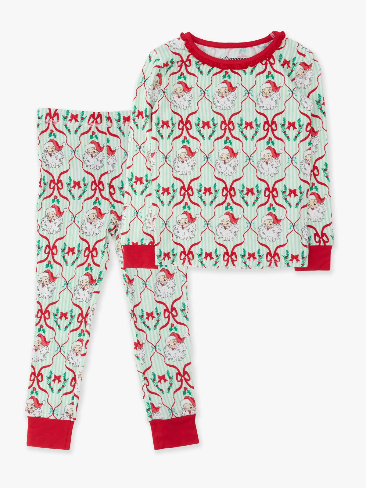 SoftSnooze™ Toddler Girls Bamboo Viscose Dear Santa Green Stripe Christmas Ruffle Long Sleeve Pajama Set with Signature Rear Ruffles