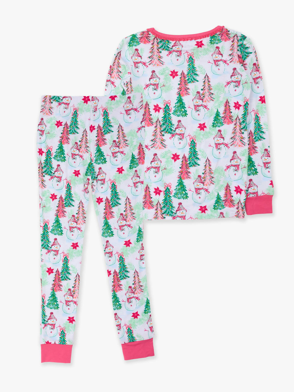 SoftSnooze™ Girls Bamboo Viscose Pink Snowman Grove Ruffle Long Sleeve Pajama Set