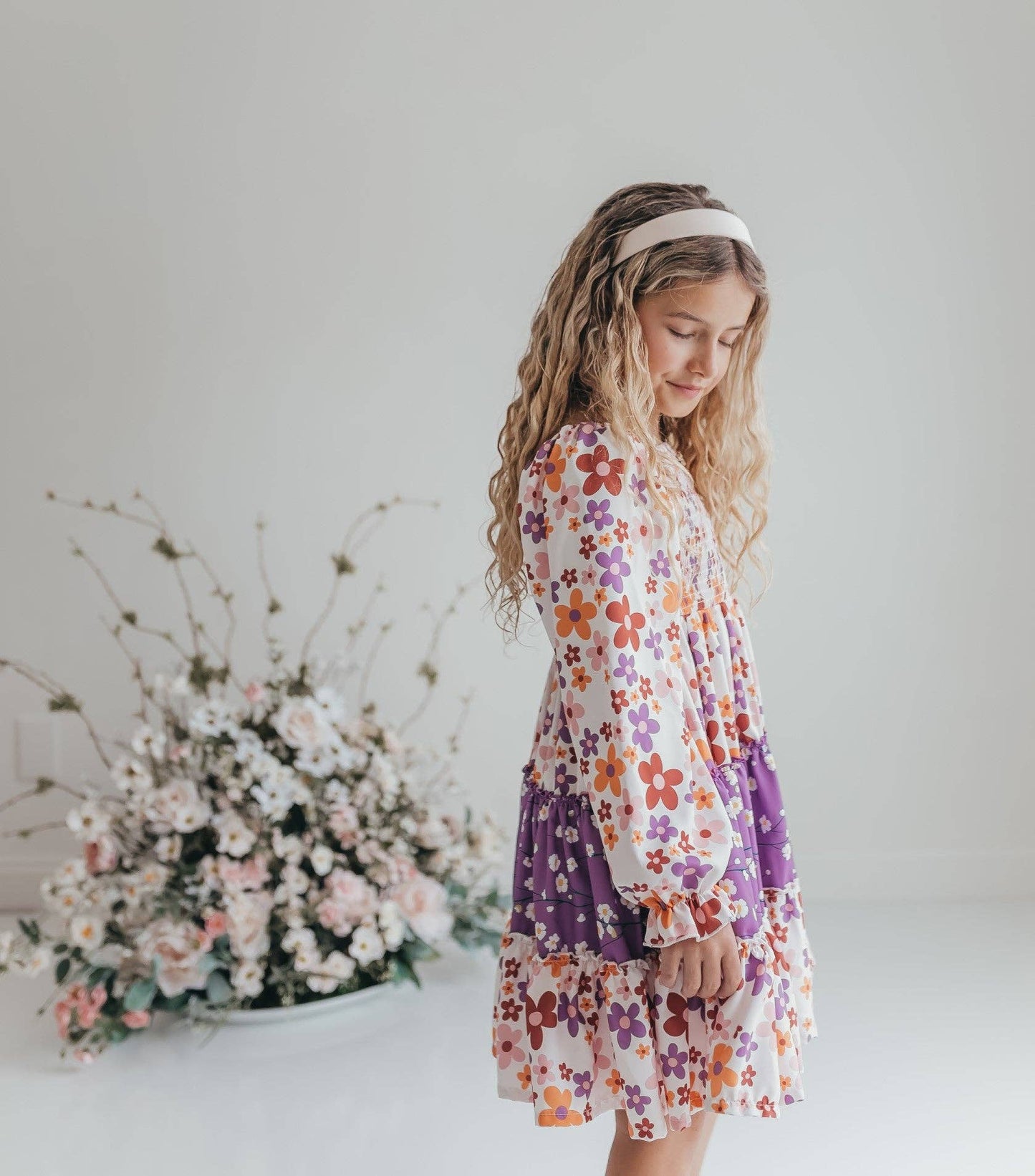 Girls Grace Lavender Flower 3 Tiered Smocked Fall Dress