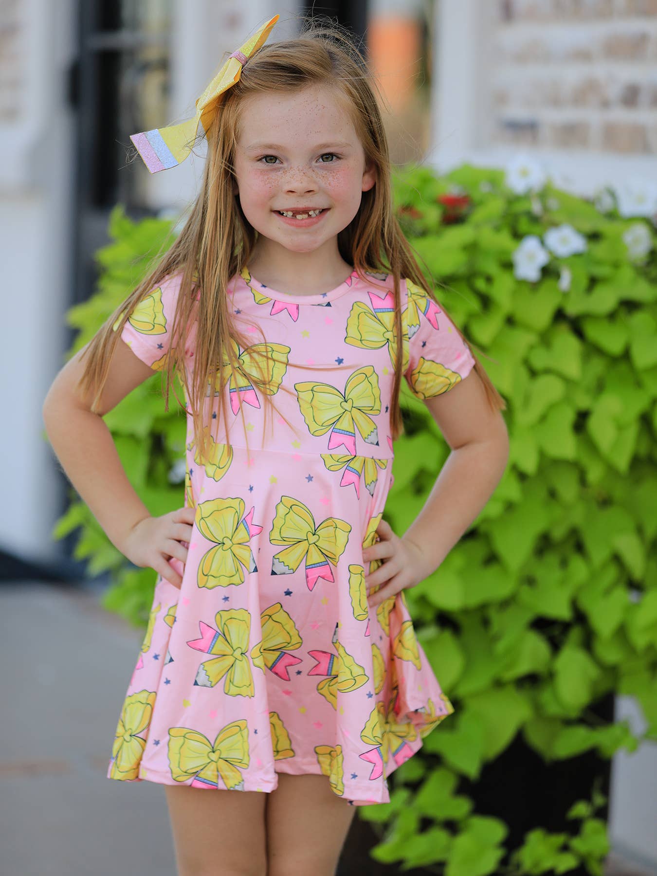Back to School Yellow Bow Print Girls Dress