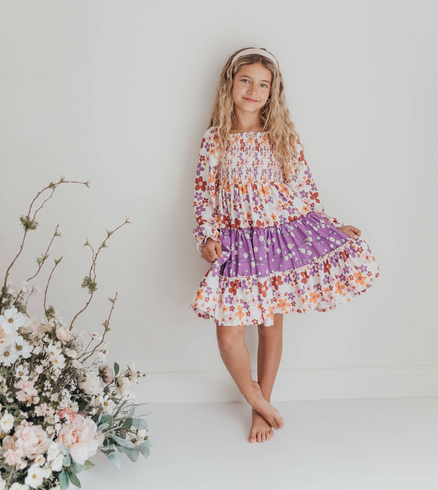 Girls Grace Lavender Flower 3 Tiered Smocked Fall Dress