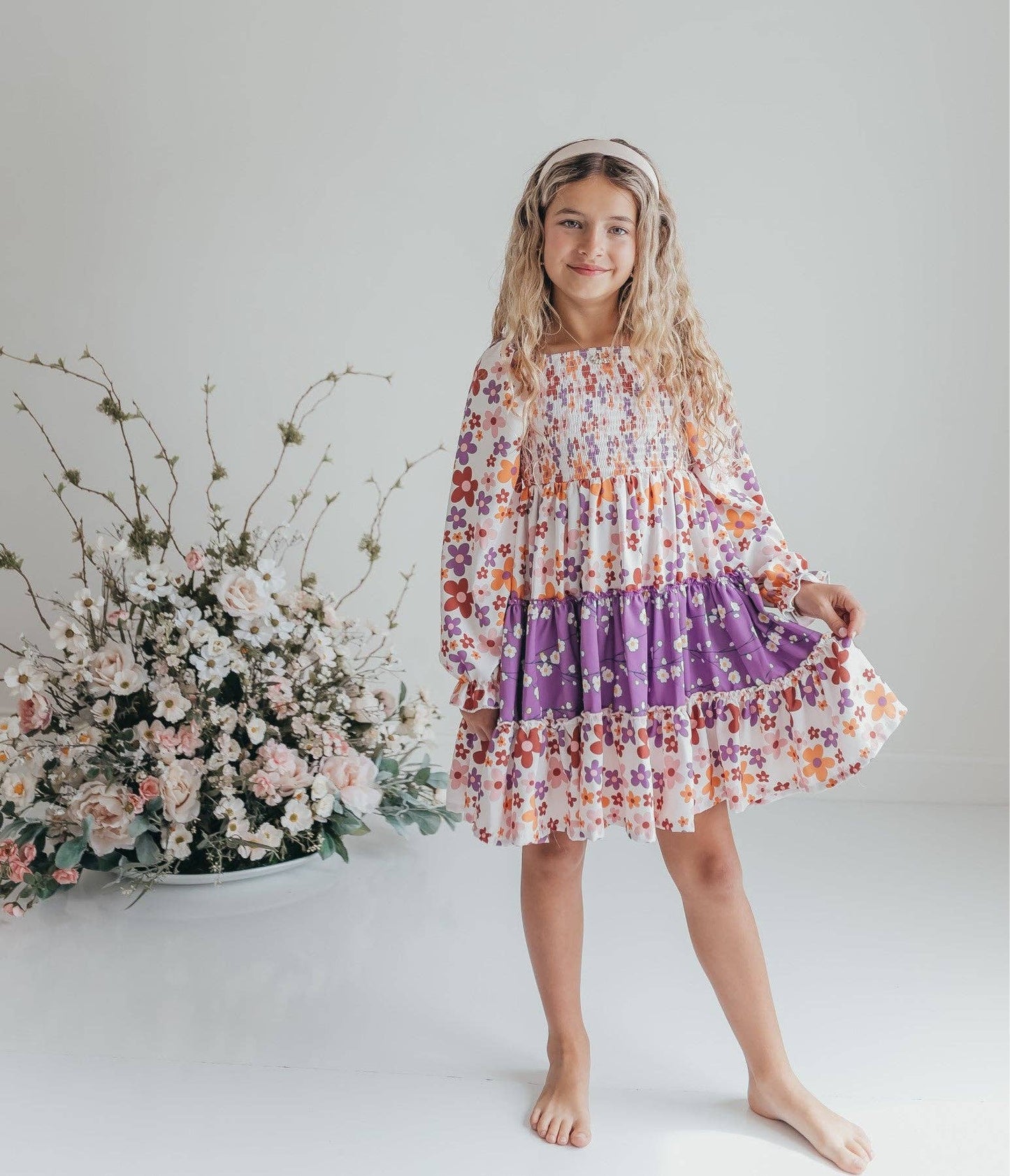 Girls Grace Lavender Flower 3 Tiered Smocked Fall Dress