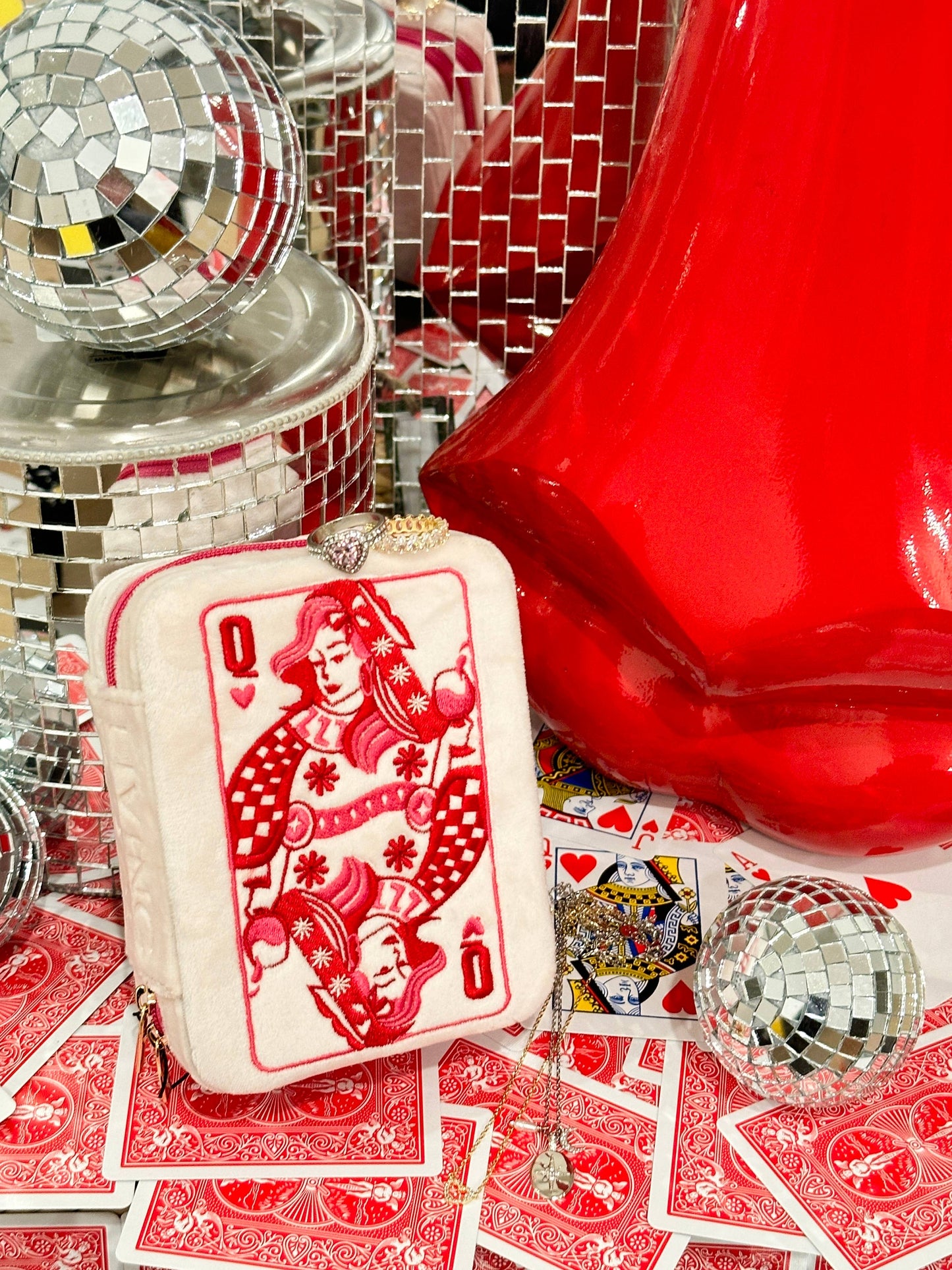 Velvet Jewelry Zip Case / Organizer - Queen of Hearts -White