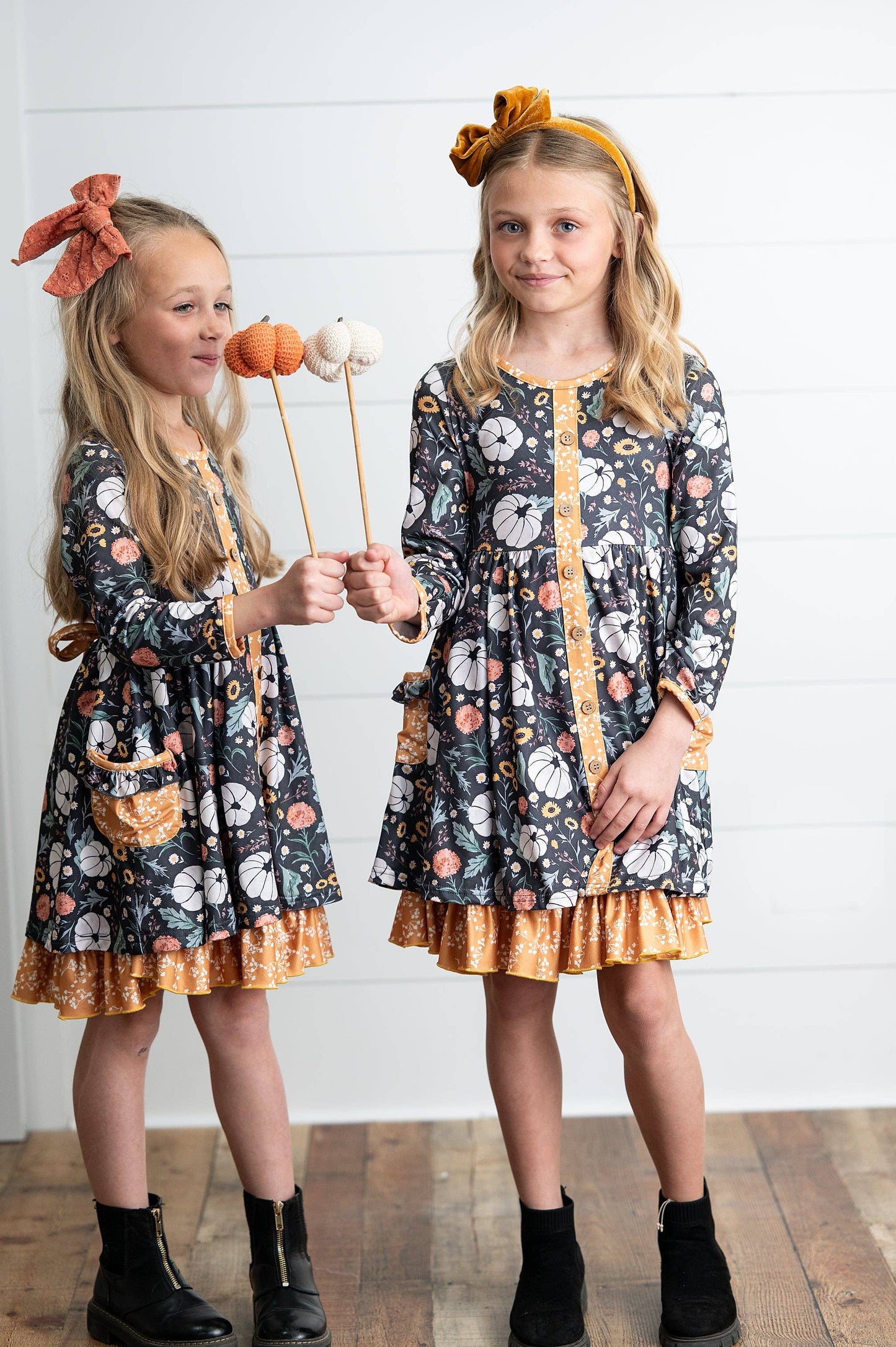 Girls Mustard Pumpkin Ruffle Pocket Button Tie Fall Dress