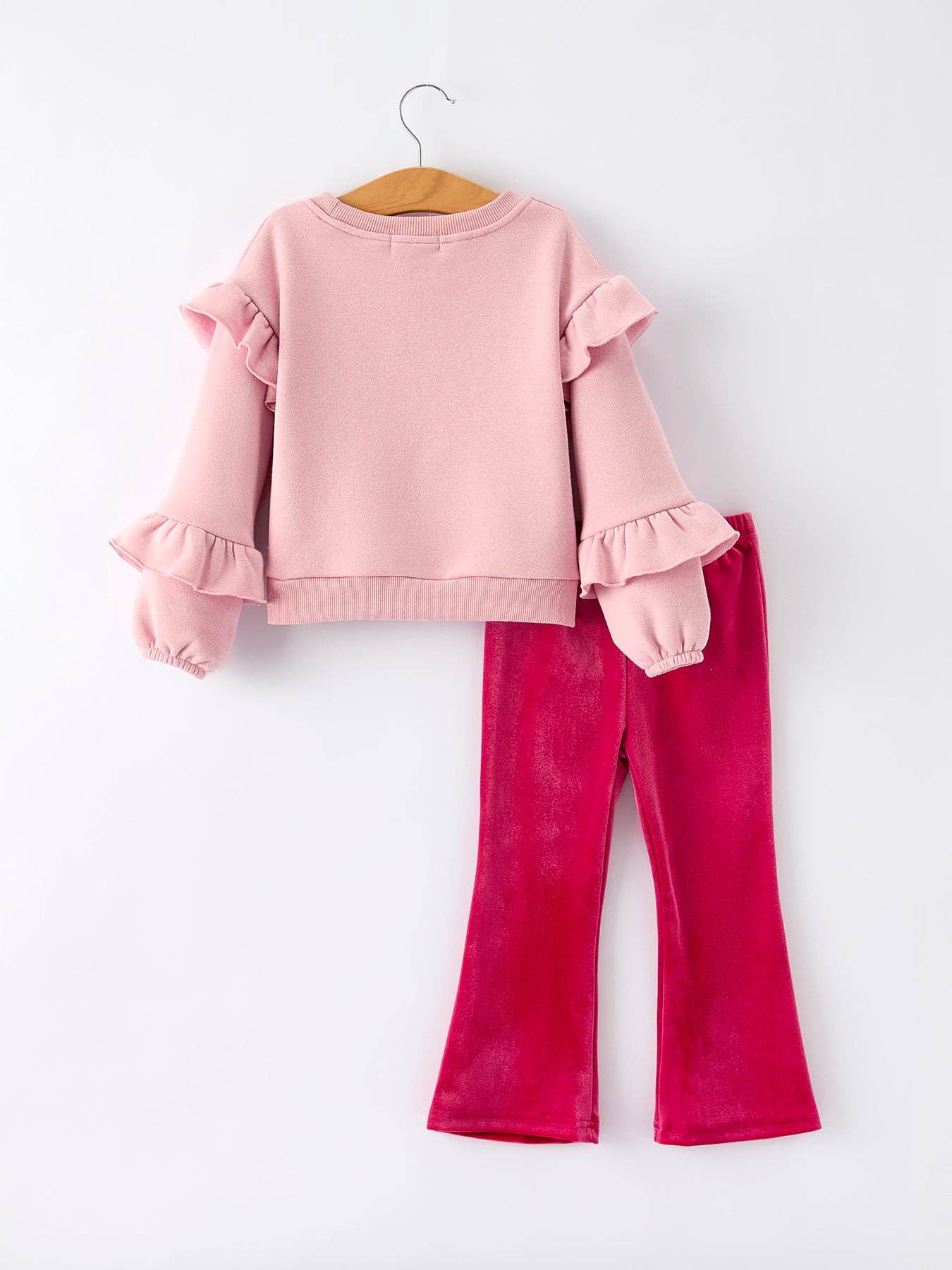 Girls Christmas Outfit – Pink “Santa Baby” Ruffle Sweatshirt & Velvet Bell-Bottom Pants Set