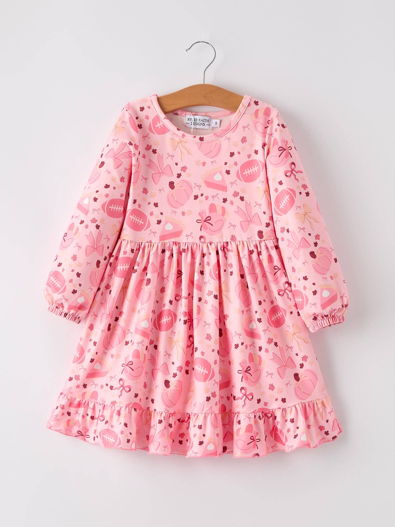 Thanksgiving Football Pumpkin Bow Print Pink Girls Dress