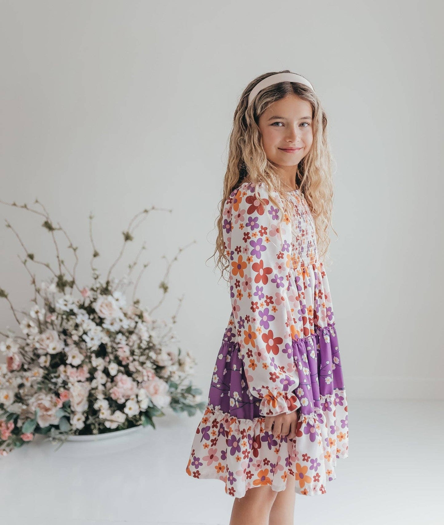 Girls Grace Lavender Flower 3 Tiered Smocked Fall Dress