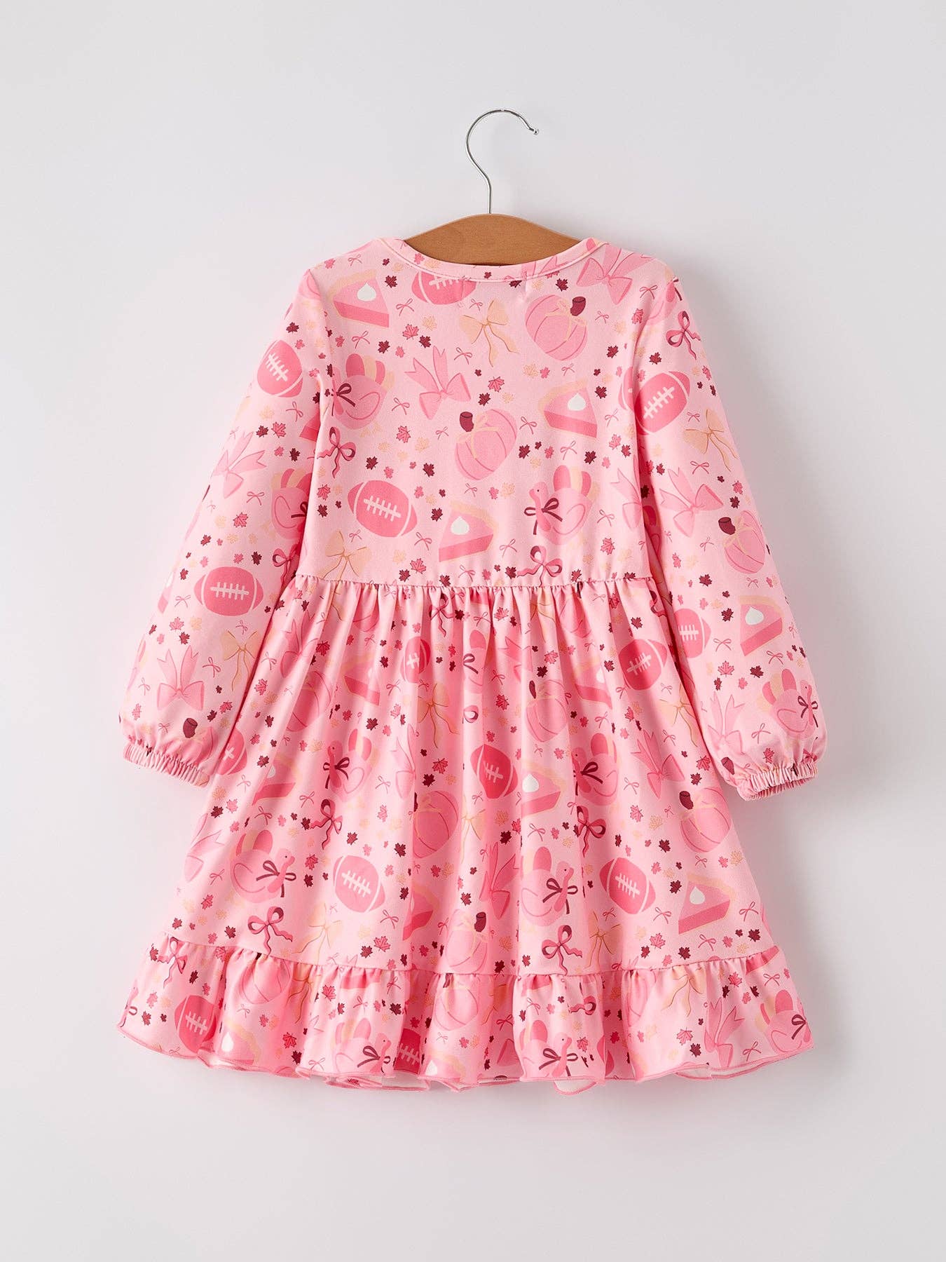 Thanksgiving Football Pumpkin Bow Print Pink Girls Dress