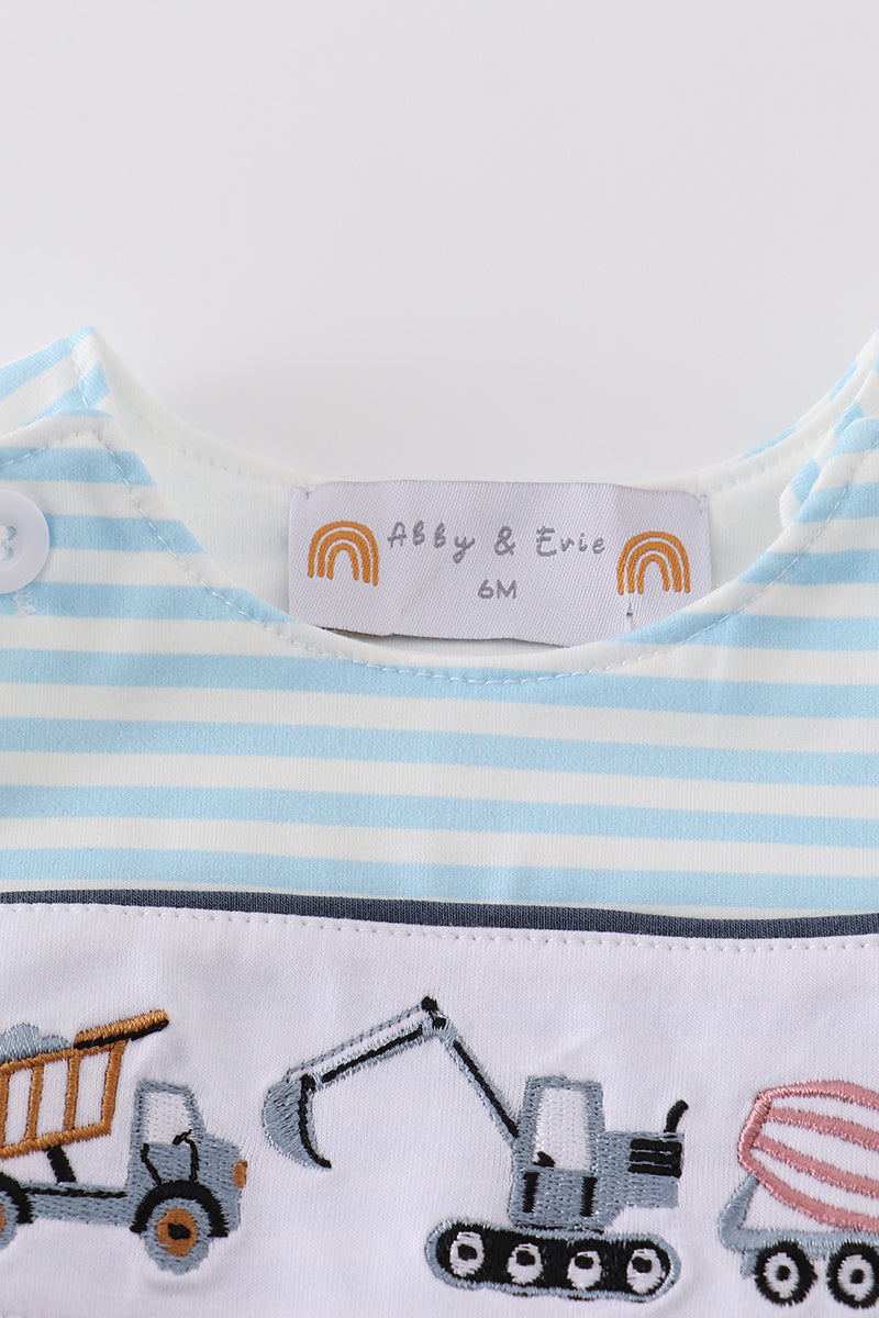 Abby & Evie
Blue stripe tractor embroidery boy bubble