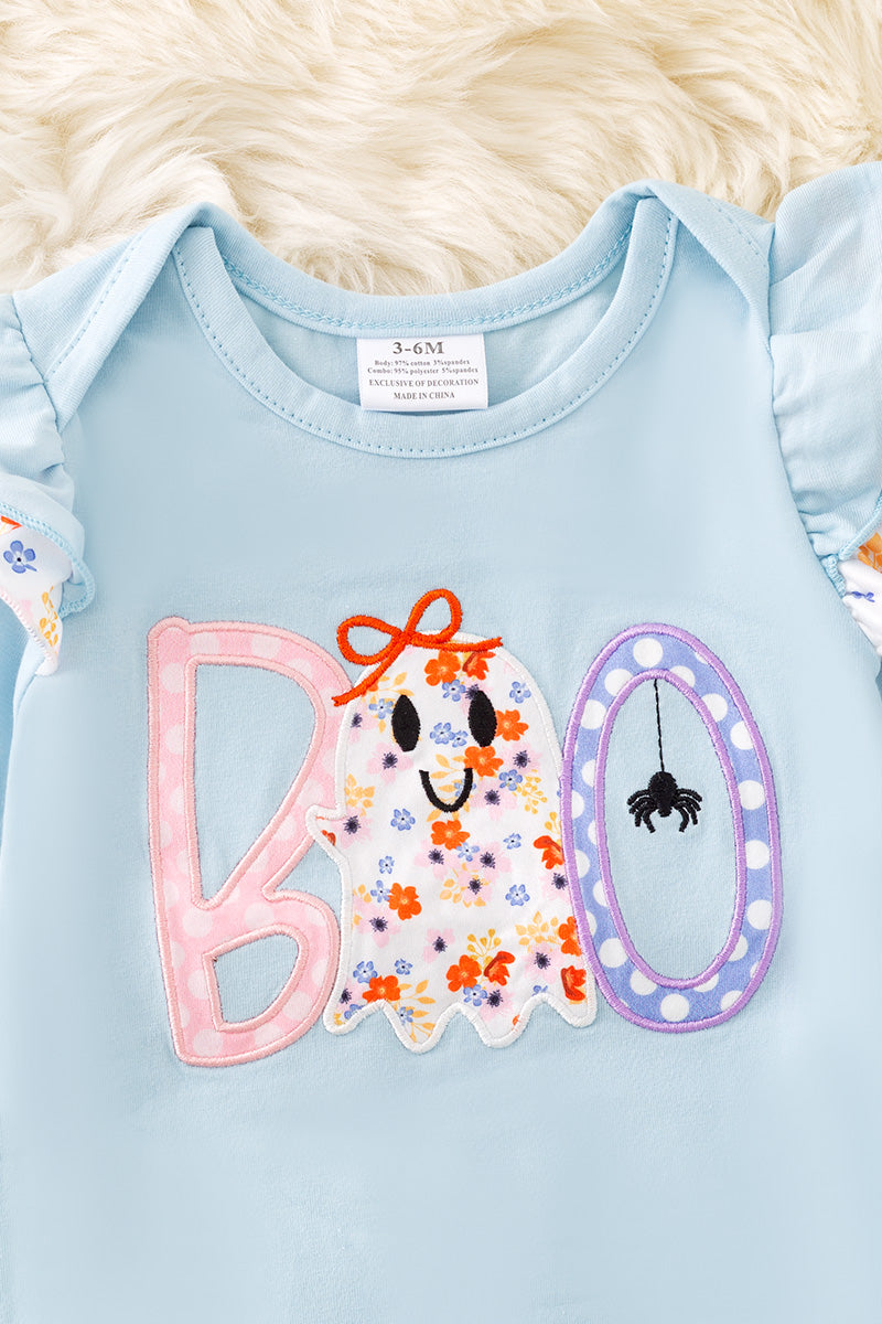 BOO" Boo applique on Lt. Blue baby romper with floral trim