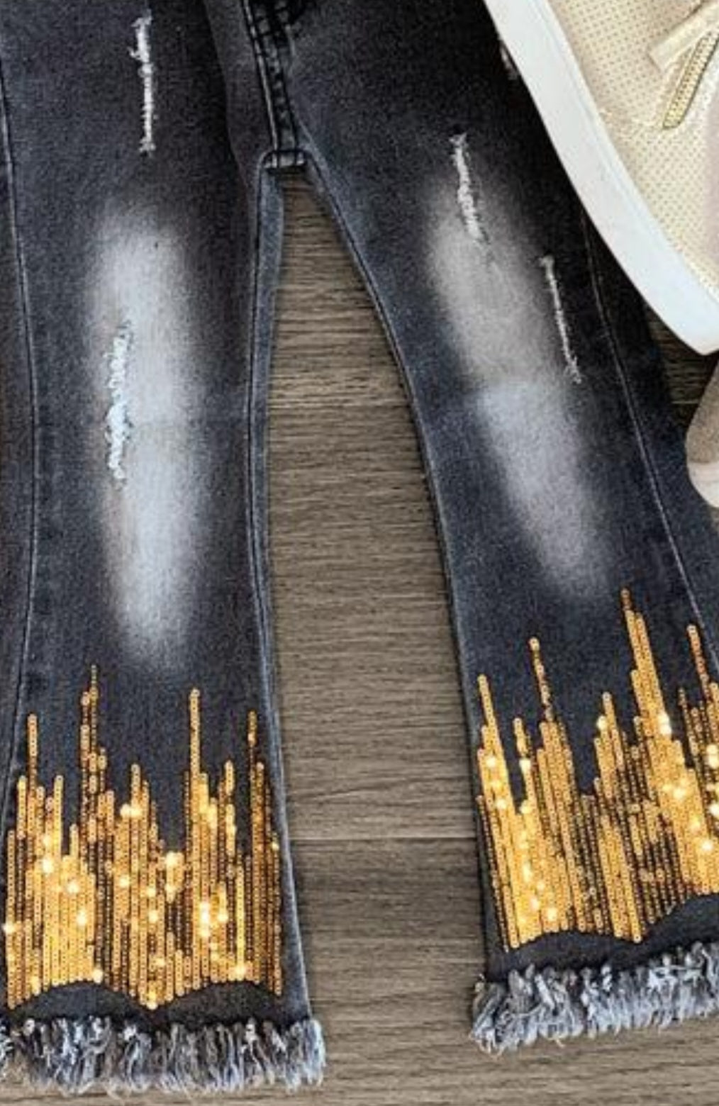 Gold Sequin Distressed Denim Flare Set
