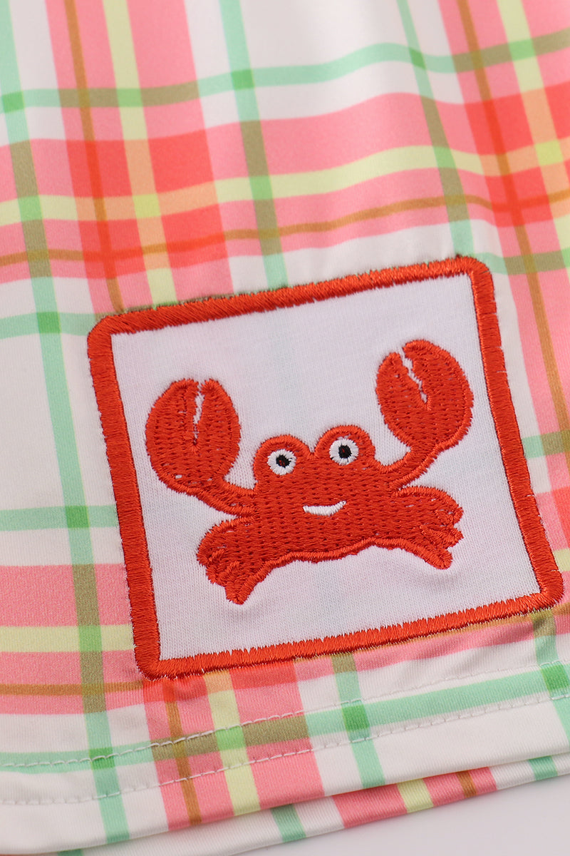 Abby & Evie
Orange plaid crab embroidery boy swim trunks