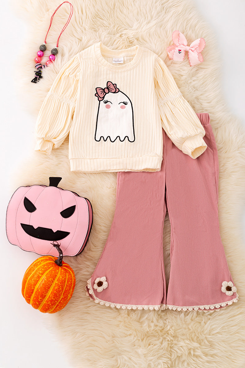 Ghost printed on ivory long sleeve top and pink pants