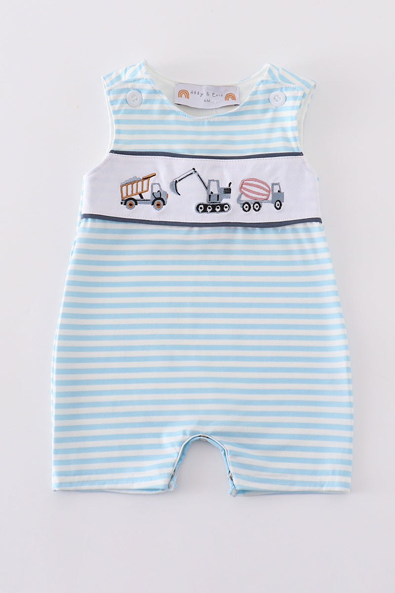 Abby & Evie
Blue stripe tractor embroidery boy jonjon