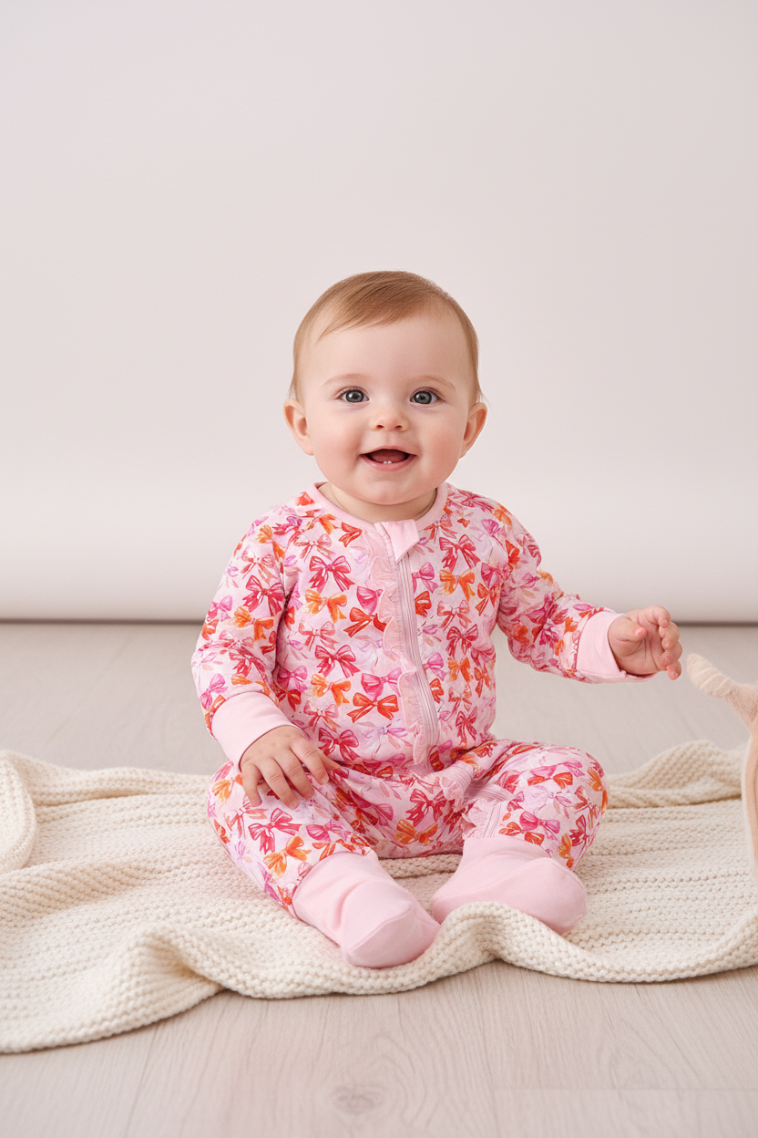 Abby & Evie Premium
Premium berry blossom bows ruffle bamboo romper