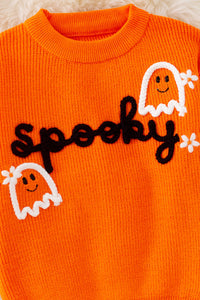 Orange Spooky knit girls sweater with pearl beads
