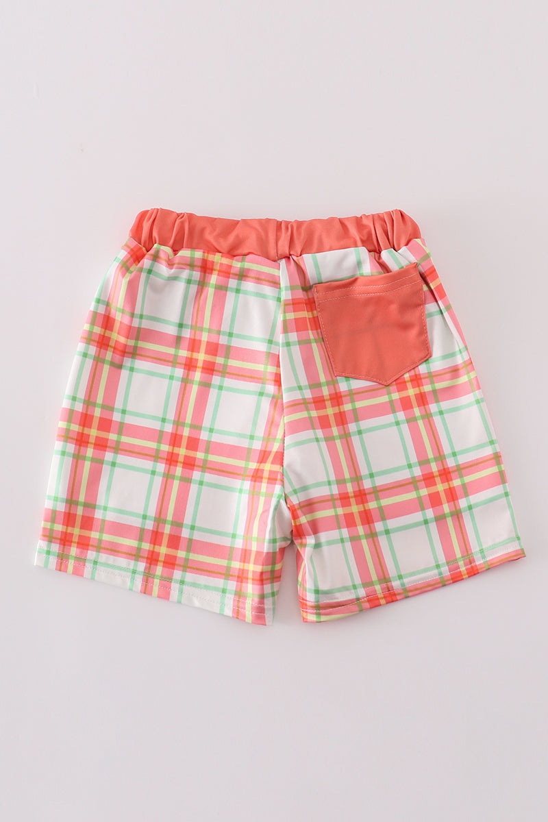 Abby & Evie
Orange plaid crab embroidery boy swim trunks