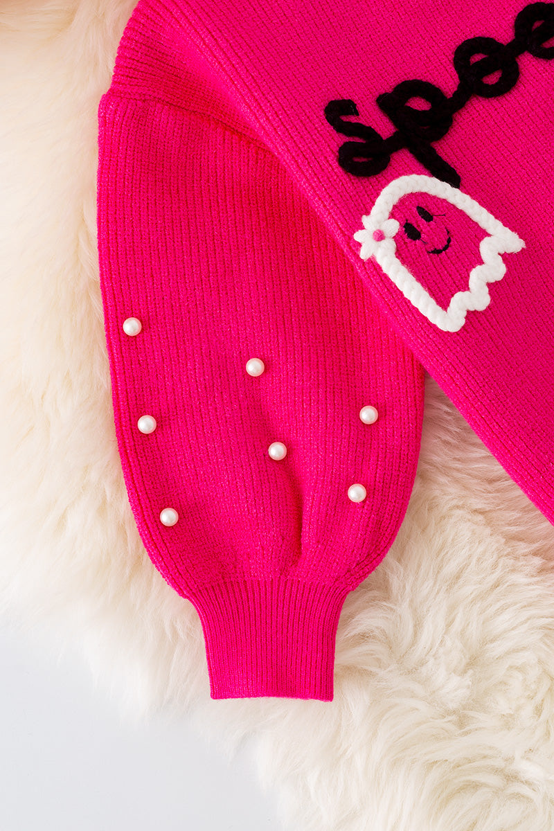Fuchsia Spooky knit girls sweater with pearl beads