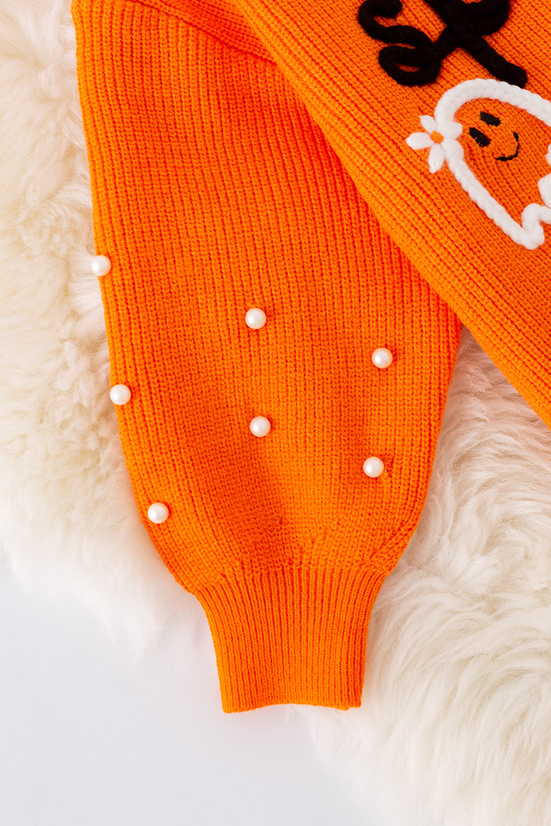 Orange Spooky knit girls sweater with pearl beads