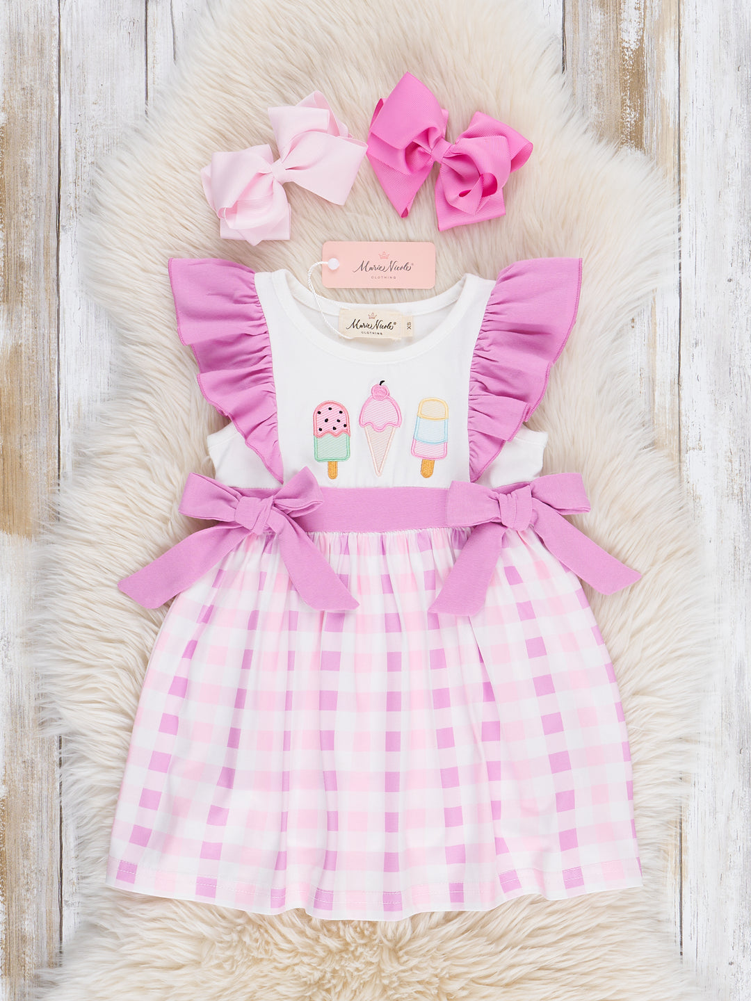 Embroidered Ice Cream Plaid Ruffle Dress
