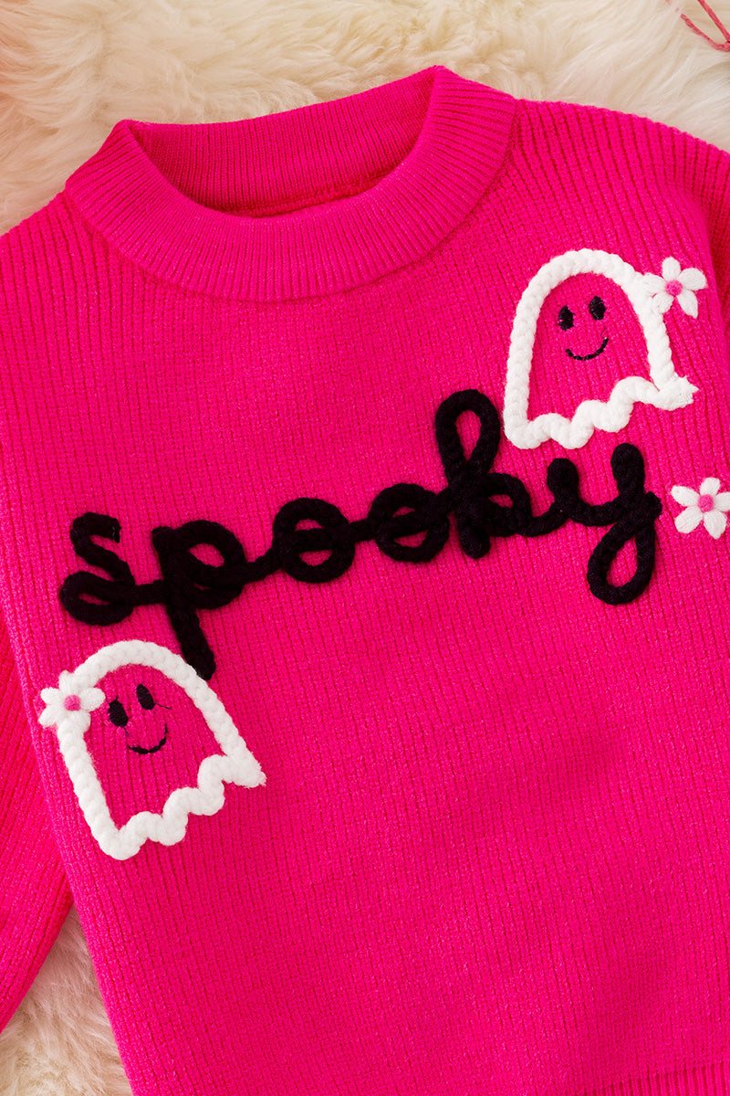 Fuchsia Spooky knit girls sweater with pearl beads