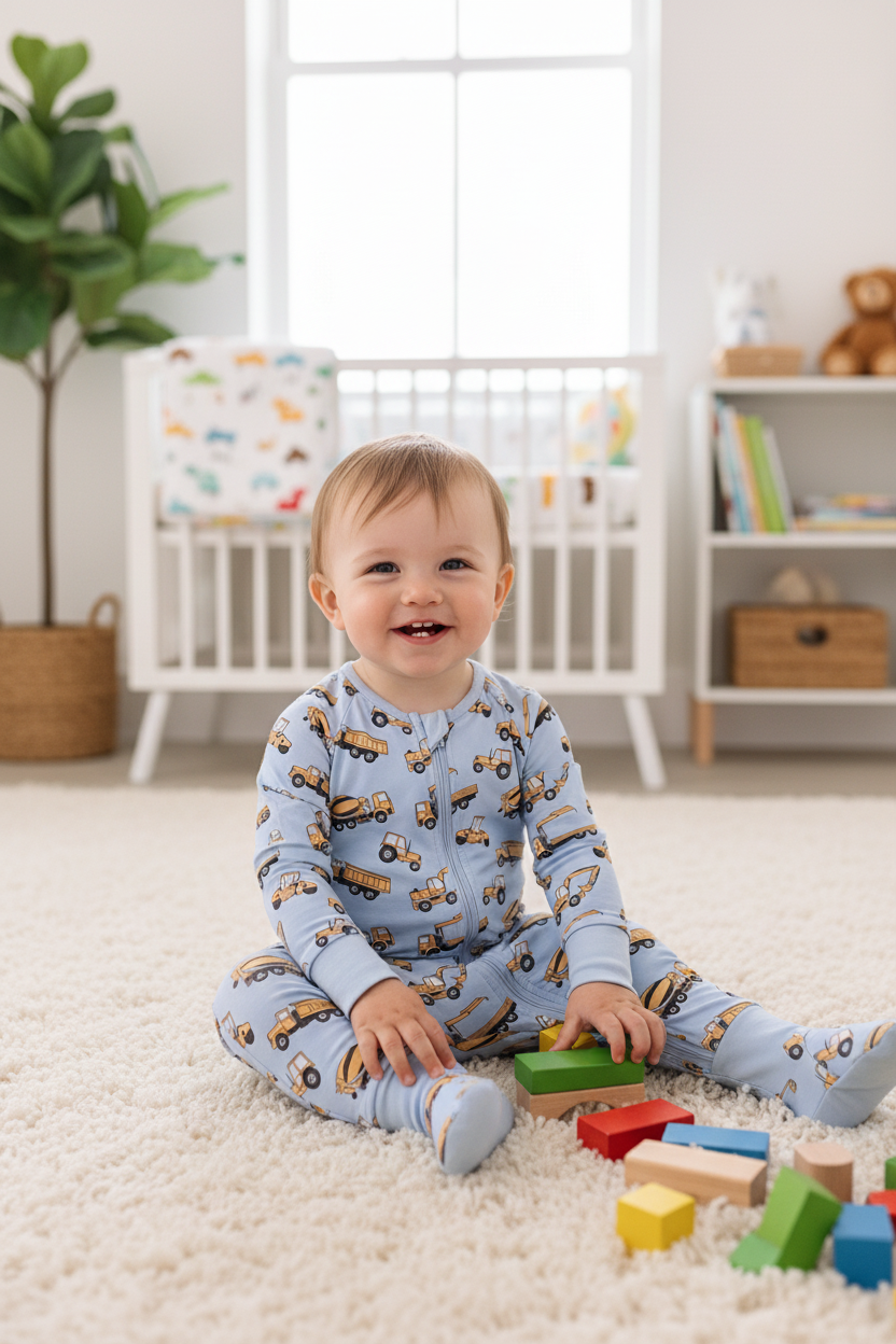 Abby & Evie Premium
Premium blue excavator print bamboo romper