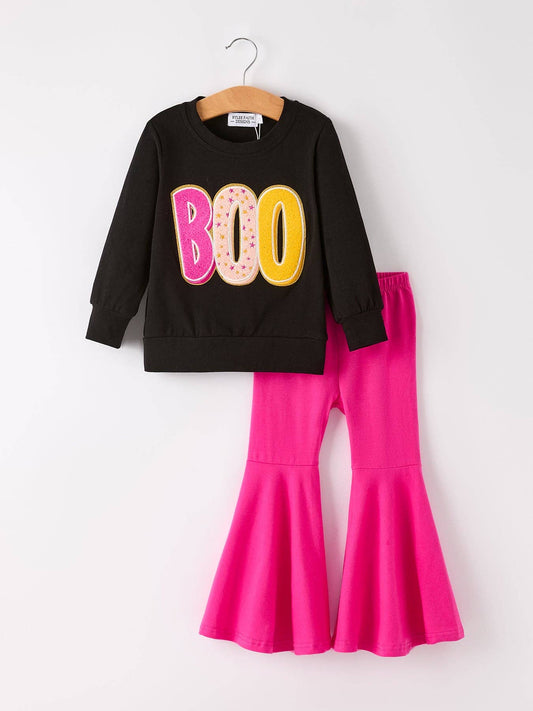 Halloween “BOO” Chenille Patches Girls Long Sleeve Set