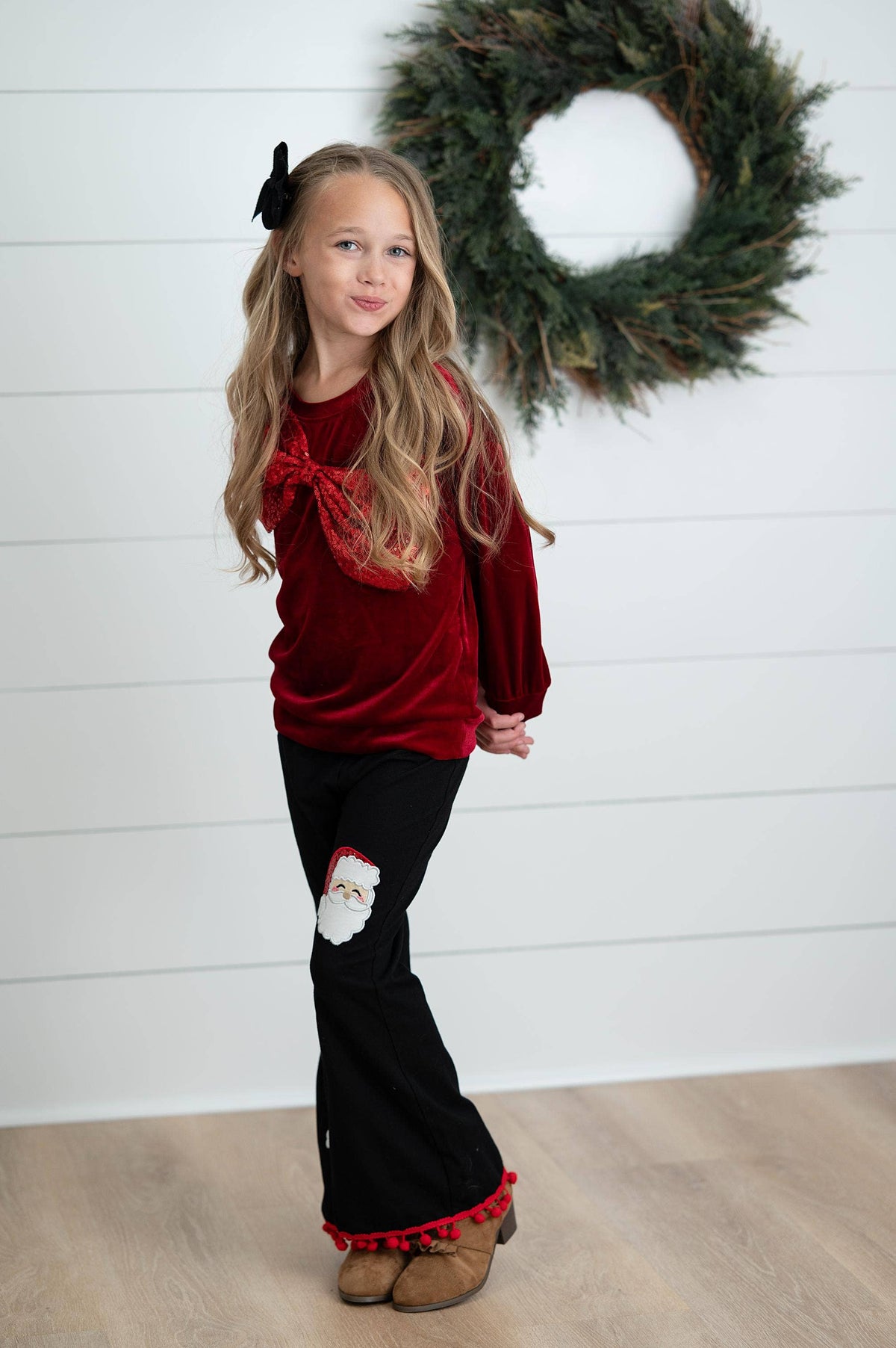 Girls Sparkling Red Holiday Christmas Bow Santa Pant Set