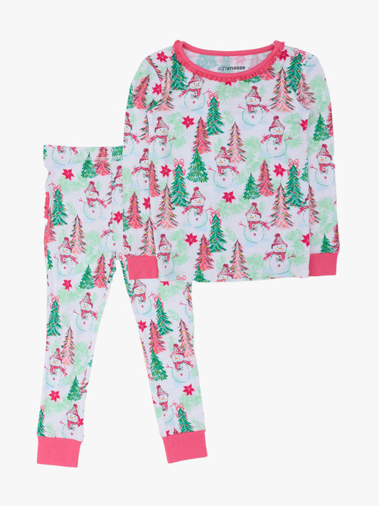 SoftSnooze™ Toddler Girls Bamboo Viscose Pink Snowman Grove Ruffle Long Sleeve Pajama Set with Signature Rear Ruffles