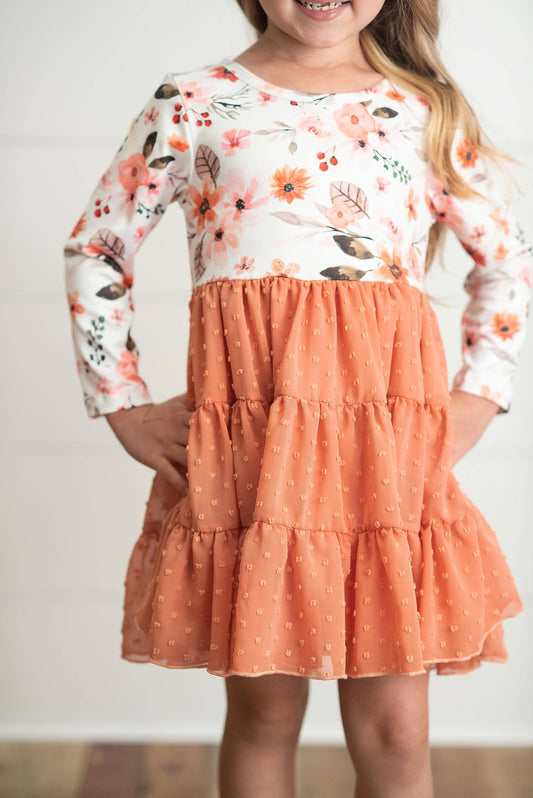 Kids Rust Floral Print Swiss Dot Tulle Fall Autumn Dress
