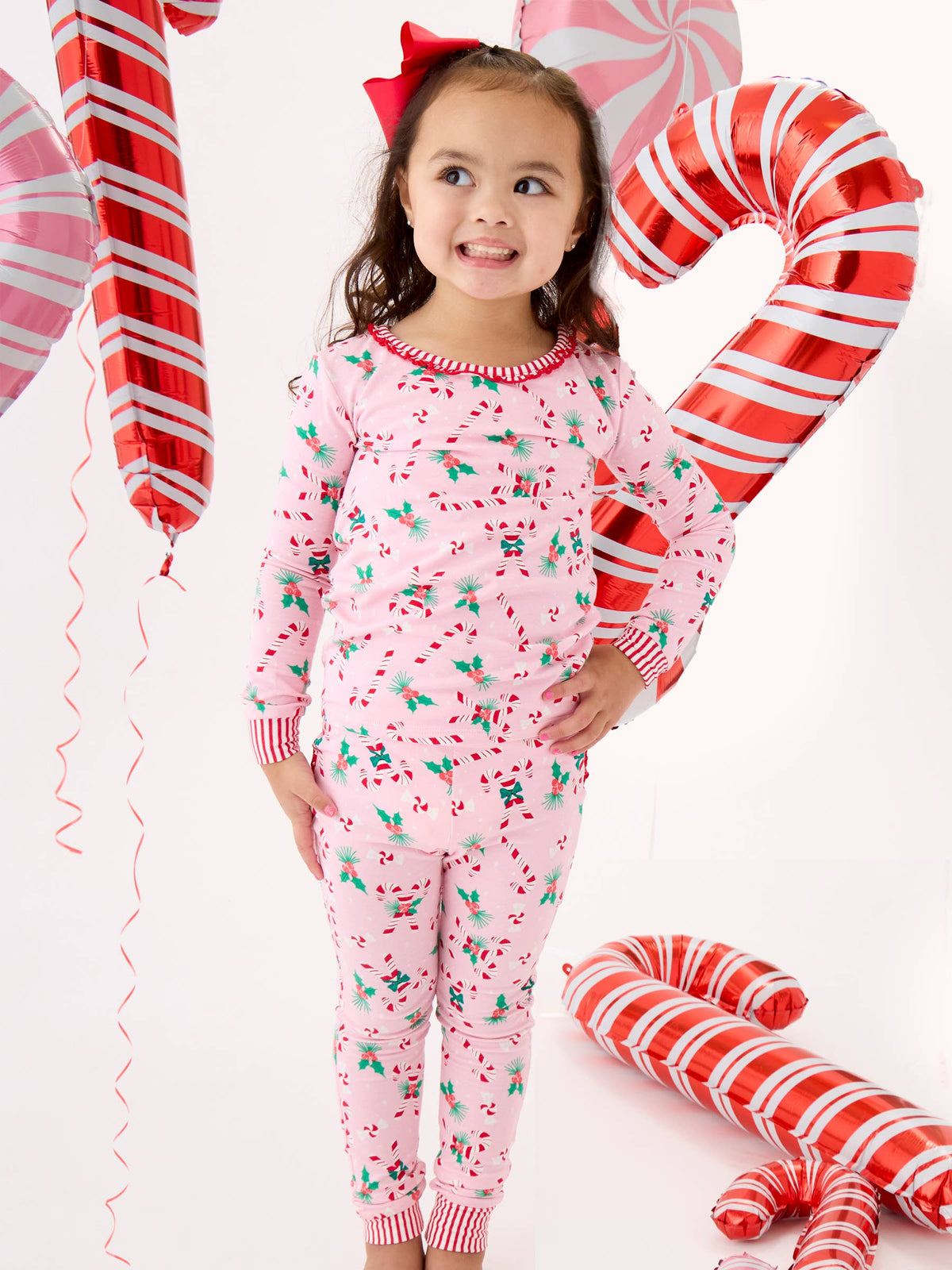 SoftSnooze™ Toddler Girls Cotton Modal Holly Candy Canes Christmas Ruffle Long Sleeve Pajama Set with Signature Rear Ruffles